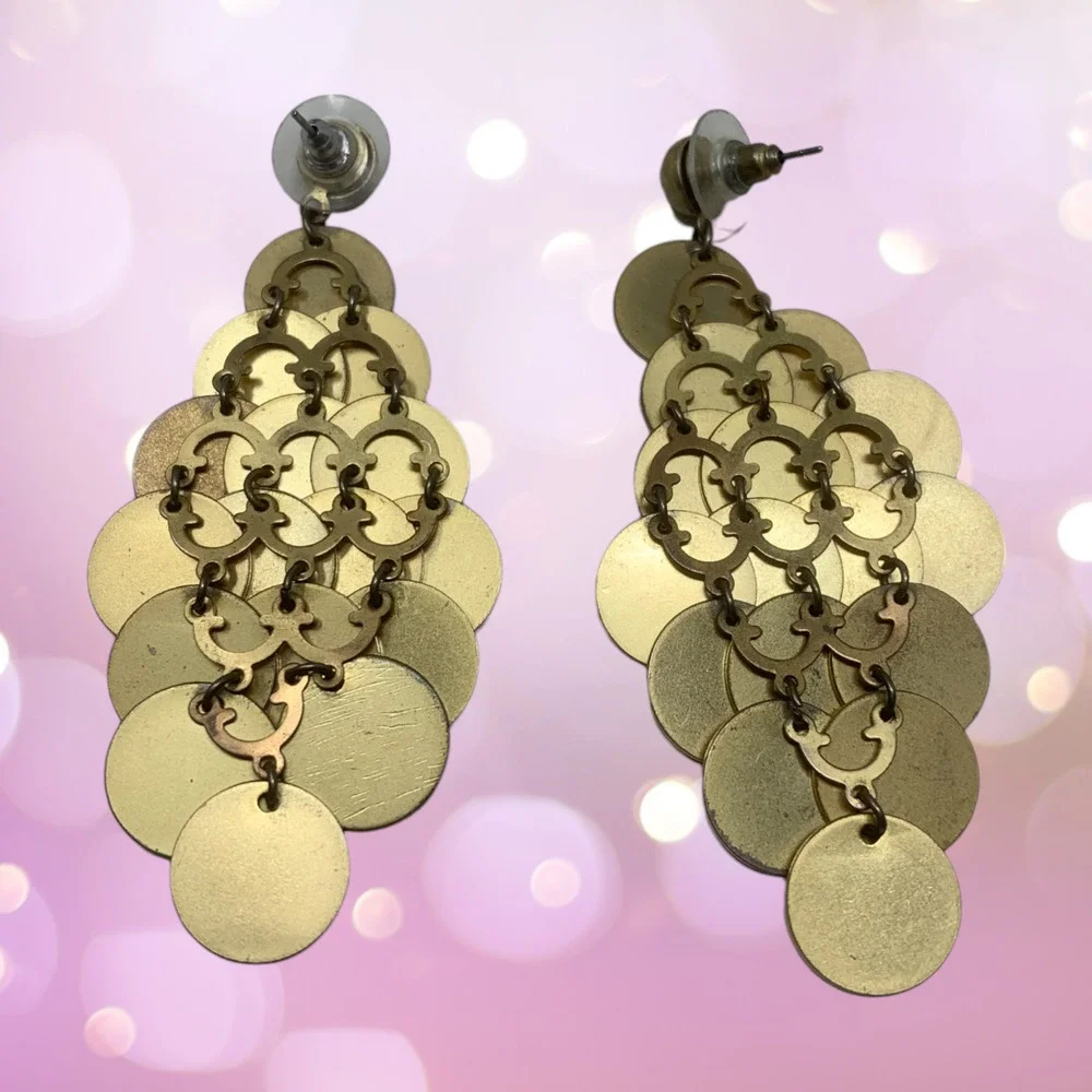 Vintage Y2K Gold Tone Dangle Fishscale Pierced Earrings Avant Garde Statement